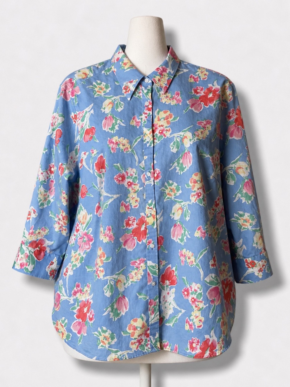 CHAPS No Iron Shirt Womens Sz 2X Button Up Blouse Top Floral Blue Pink Casual